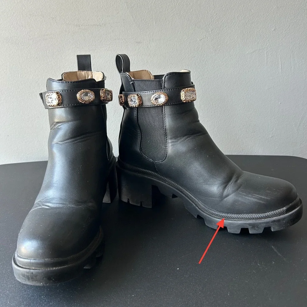 Steve Madden Amulet Black Rhinestone Embellished Lug Sole Ankle Boots AMU01S1 8M